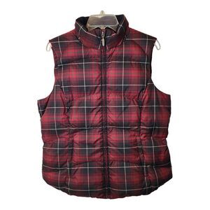 Eddie Bauer Womens Large Vest Premium Goose Down Puffer Plaid Red Black Tartan
